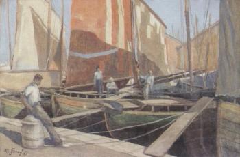 Fishing men in harbour by 
																	Karel Ziony