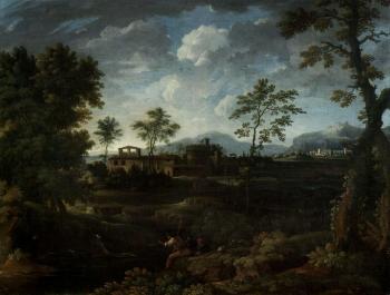 Italian landscape with trees and soldier resting by river by 
																	Pieter Mulier