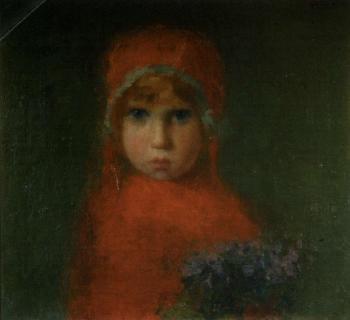 Portrait of small child in red clothing by 
																	Angelo Abelardi
