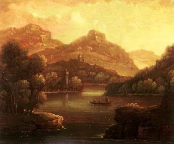 Romantic river landscape with monastery by 
																	Lambert von Babo