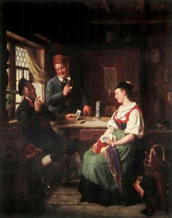 Black forest interior with woman and two men by 
																	Johann Baptist Tuttine
