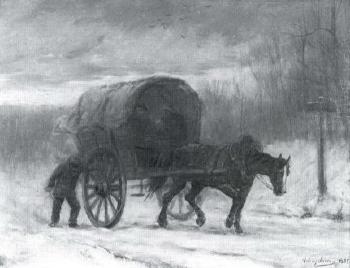 Farm carriage on snow covered country lane by 
																	Antony Jerres