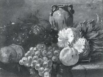 Still life with pine apples, grapes, peaches and vase by 
																	M van Olbegraven