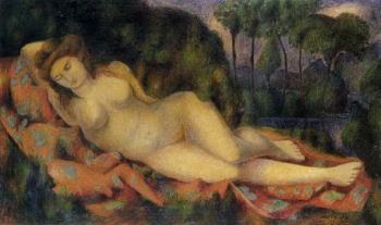 Reclining female nude by 
																	Ernst Aebi