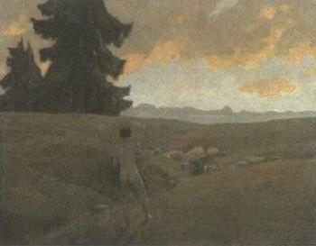 Male nude in landscape at dusk by 
																	Franz Muller-Munster