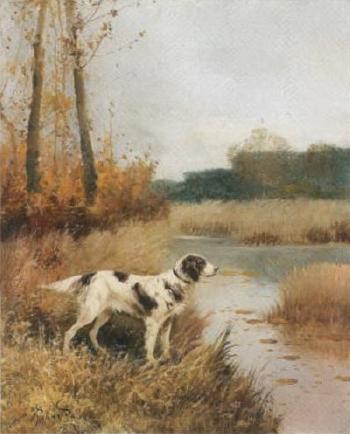 Hunting dog by pond by 
																	Charles Jean Renaud