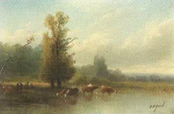River landscape. Cows in river by 
																	Auguste Vyaret