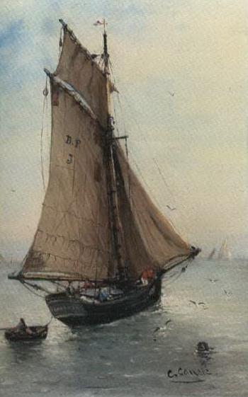Sailing ship with rowing boat on calm sea by 
																	Charles Emile Canet