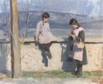 Two girls by wall by 
																	Martha Haffter