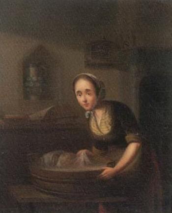 Interior with girl washing by 
																	Lambrecht den Tyn