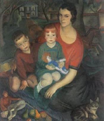 Mother with two children and cat in garden by 
																	Milivoy Uzelac