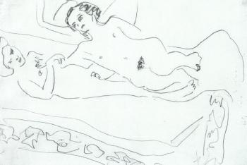 Two naked girls on sofa by 
																	Ernst Ludwig Kirchner