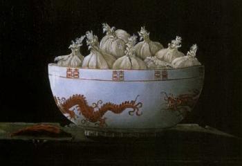 Still life of Chinese bowl with garlic by 
																	T Reiynga