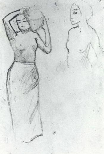Woman carrying urn and female half figure in profile by 
																			Paul Gauguin