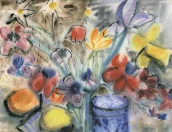 Untitled - still life with summer flowers and blue vase by 
																	Hermann A Raddatz