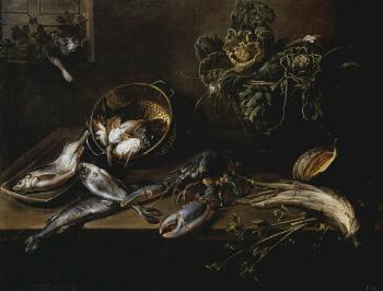 Still life with fish and vegetables. Still life with fruit and game by 
																			Adriaen van Utrecht