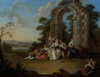 Country fete, elegant company resting under antique arch by 
																	 Prussian School