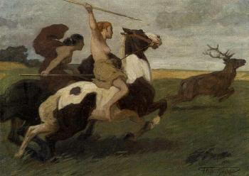 Two Amazons hunting stag by 
																	Franz Muller-Munster