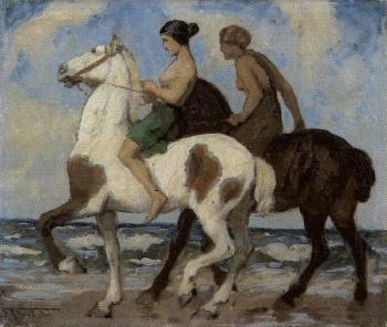 Two Amazons riding along beach by 
																	Franz Muller-Munster
