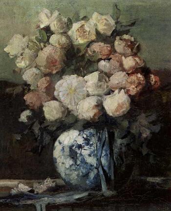 Still life of roses in vase on table by 
																	Anton Muller-Wischin