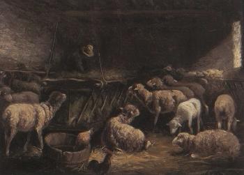 Peasant in barn with sheep by 
																	Charles Emile Jacque