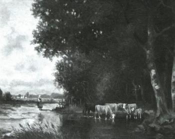 Shepherdess with cows by 
																	R Karol