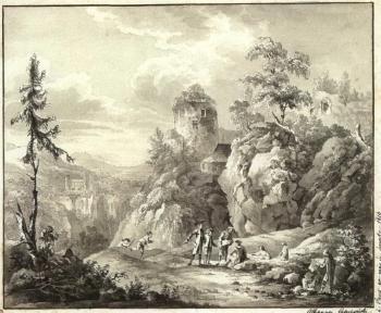 Land surveyor studying map in landscape with ruins by 
																	Athanasius Graf von Raczynski