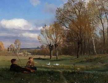 Two children with geese in spring meadow by 
																	Emil Zschimmer