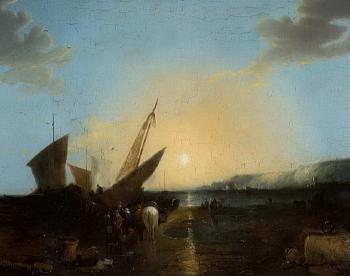 Fishermen and women on beach at sunset by 
																	Joseph Jacops
