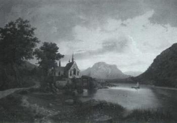 Gothic church by mountain lake by 
																	Wilhelm Zobus