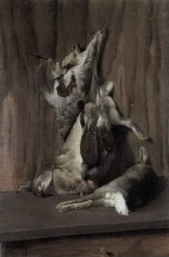 Nature morte of rabbits and quail by 
																	Louis Francois Majoux