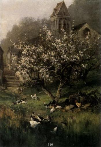 Ducks and hens by water under tree in blossom by 
																	Alexandre Dufaux