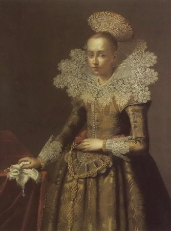 Portrait of lady in green dress with lace collar by 
																	Jakob Wabbe