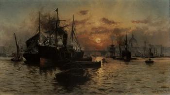 Merchant ships and barges at anchor on the Thames, before St. Pauls Cathedral at sunset by 
																	Charles John de Lacy