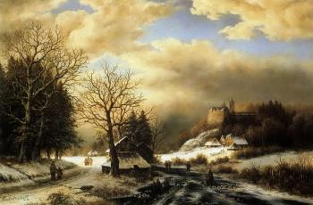 German castle above a village with figures in winter by 
																	Cornelis Eickelberg