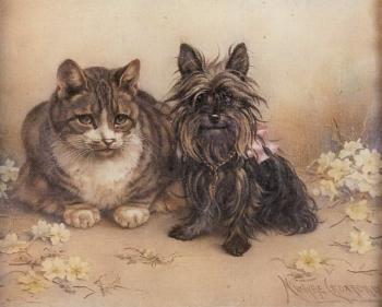 Yorkshire terrier and a cat with primroses nearby by 
																	Agnes McIntyre Croxford