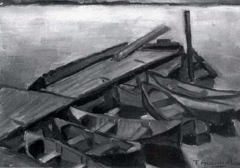 Croquis, boats at dock, Georgeville by 
																	Francoise Pagnuelo