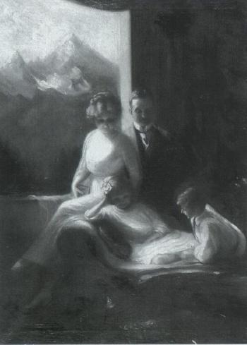 Self portrait with husband and children at the summer house by 
																	Eugenie Szilagyi
