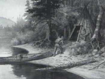 Woodsmen making camp by 
																	John H Macnaughton