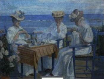 Three women seated on terrace, sunshine by 
																	Arvid Aae