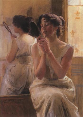 Young girl in front of mirror by 
																	Emil Rosenstand