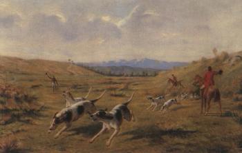 Hunting scene with dogs barking by 
																	Edmond Assier de Latour