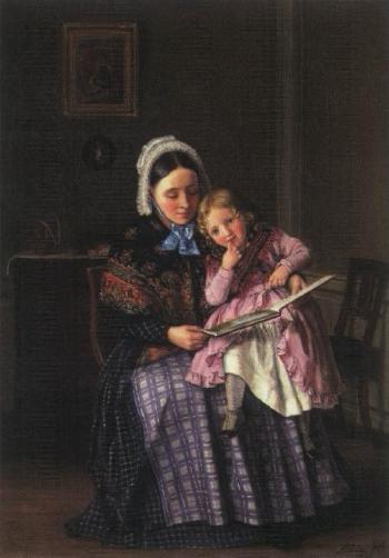 Interior scene with mother and daughter looking in book by 
																	Albinia Hagemann