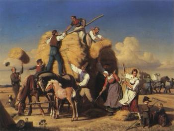 Autumn scene with harvesters loading hay on horse-wagon by 
																	Nicolai Habbe