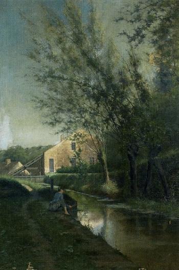 Stream running through landscape with boy fishing by 
																	A Gauthier
