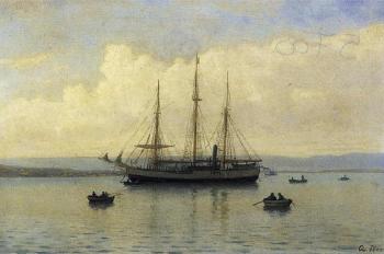 Seascape with the sailship Fram and small boats by 
																	Chr Elieson