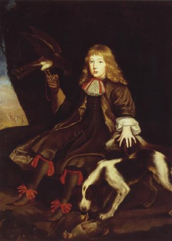 Portrait of a young falconer with dog by 
																	William Reader