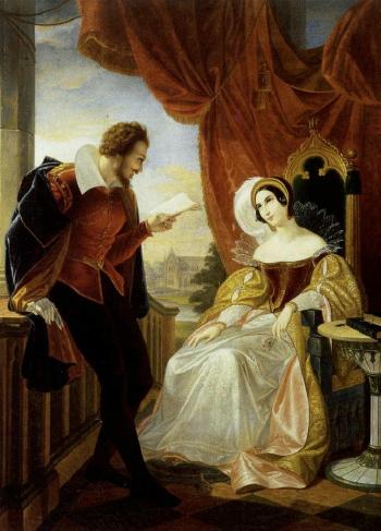 Young couple - possibly William Shakespeare reading to lady by 
																	Cesare Mussini