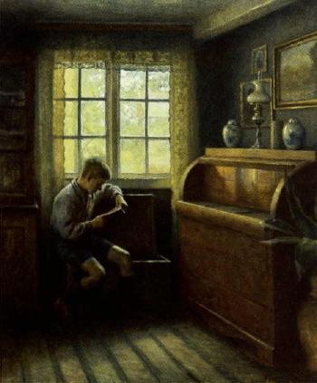 Interior scene with boy reading by 
																	Bertel HanSen-Svaneke