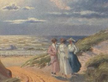 Coastal landscape with three women in the dunes by 
																	Georg Valdemar Gundorff